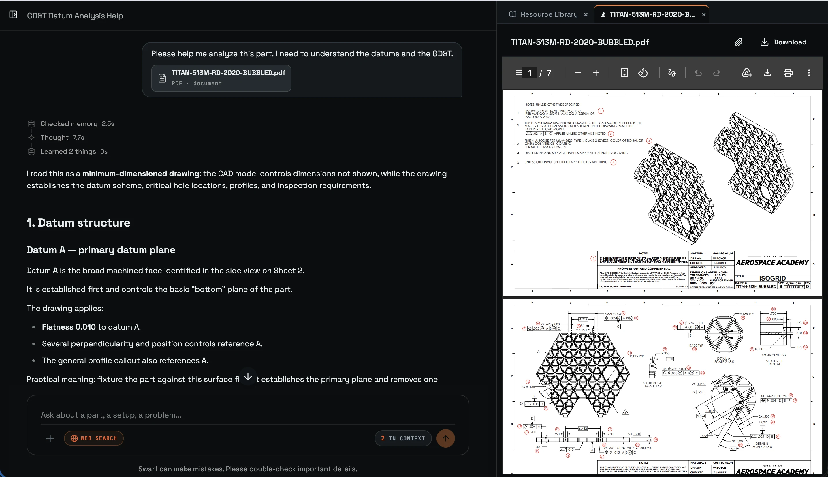 A bubbled part print open beside Swarf's GD&T analysis - the datum structure and callouts read from the drawing itself